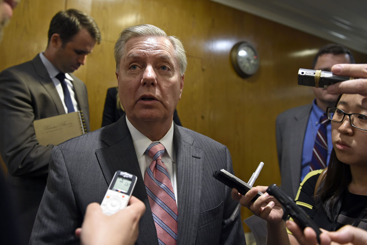 Senate Appropriations State, Foreign Operations and Related Programs Subcommittee Chairman Sen. Lindsey Graham, R-S.C. talks with reporters on Capitol Hill, July 7, 2015. (AP Photo/Susan Walsh)